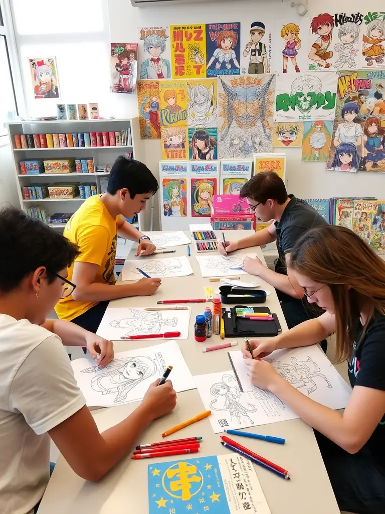A close-up shot of attendees actively participating in a manga drawing workshop at AstiComics, with art supplies and instructor guidance visible, emphasizing hands-on learning.
