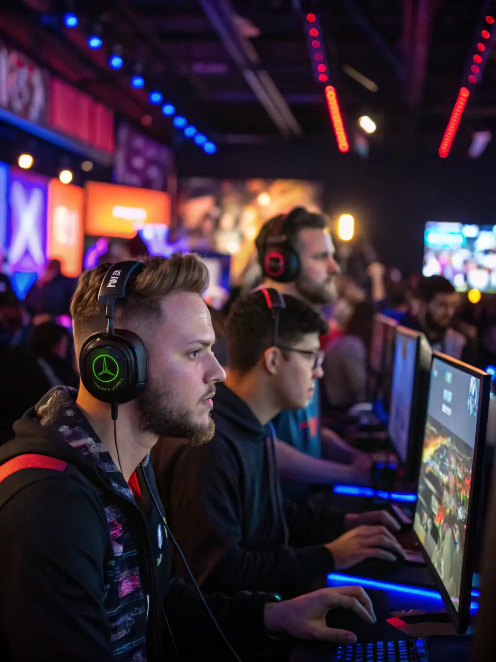 A vibrant scene from a video game tournament at AstiComics, featuring players on screens, spectators cheering, and the event logo prominently displayed, capturing the excitement of esports.