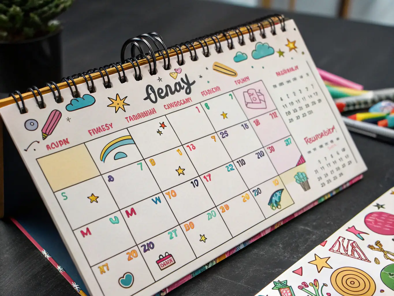 Immagine di un calendario colorato con icone che rappresentano diversi eventi come panel di discussione, gare di cosplay e tornei di videogiochi, sullo sfondo il logo di AstiComics.