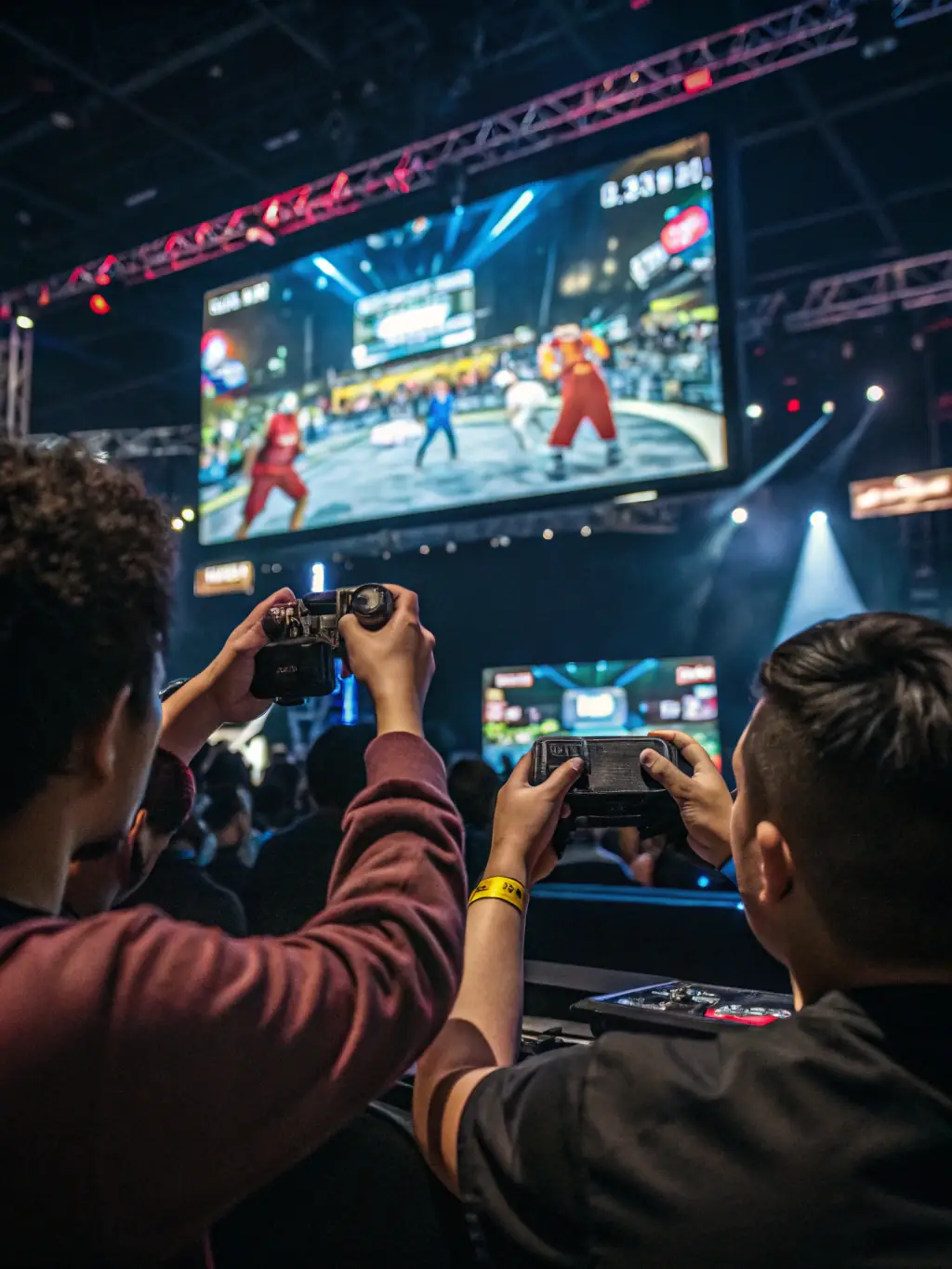 An action-packed scene from a video game tournament at AstiComics, with players intensely focused on the screens and spectators cheering them on.