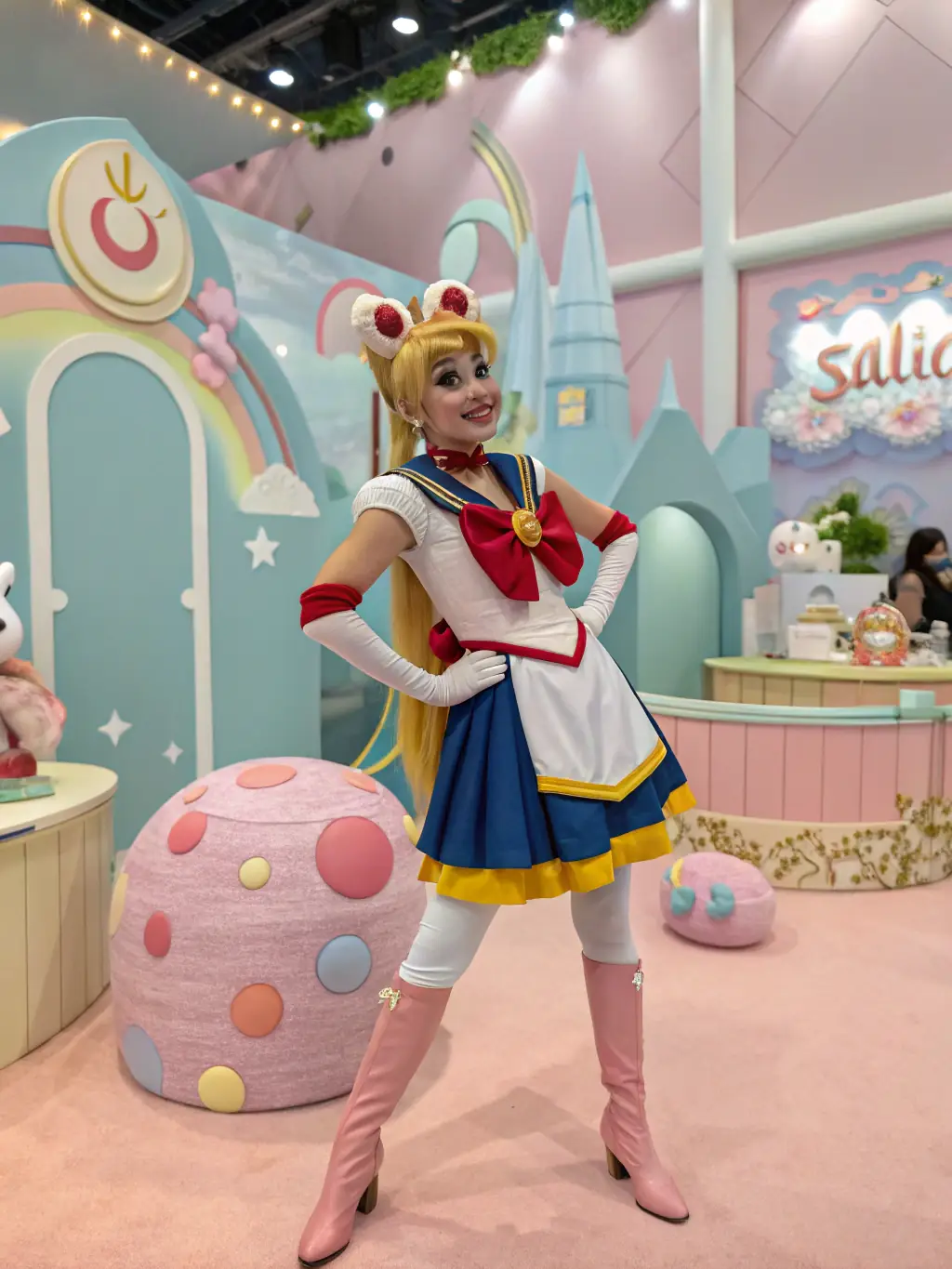 A dynamic shot of a cosplayer dressed as a popular anime character on stage during the AstiComics cosplay competition, showcasing intricate costume details and energetic performance.