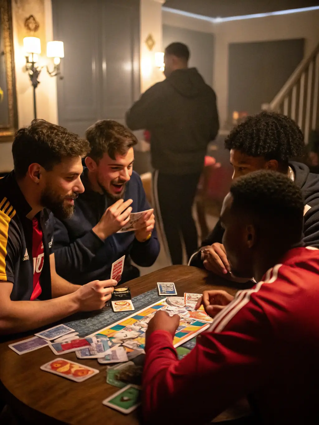 A group of participants intensely focused on a trading card game tournament at AstiComics, with cards and playmats visible, highlighting the competitive spirit and strategic gameplay.