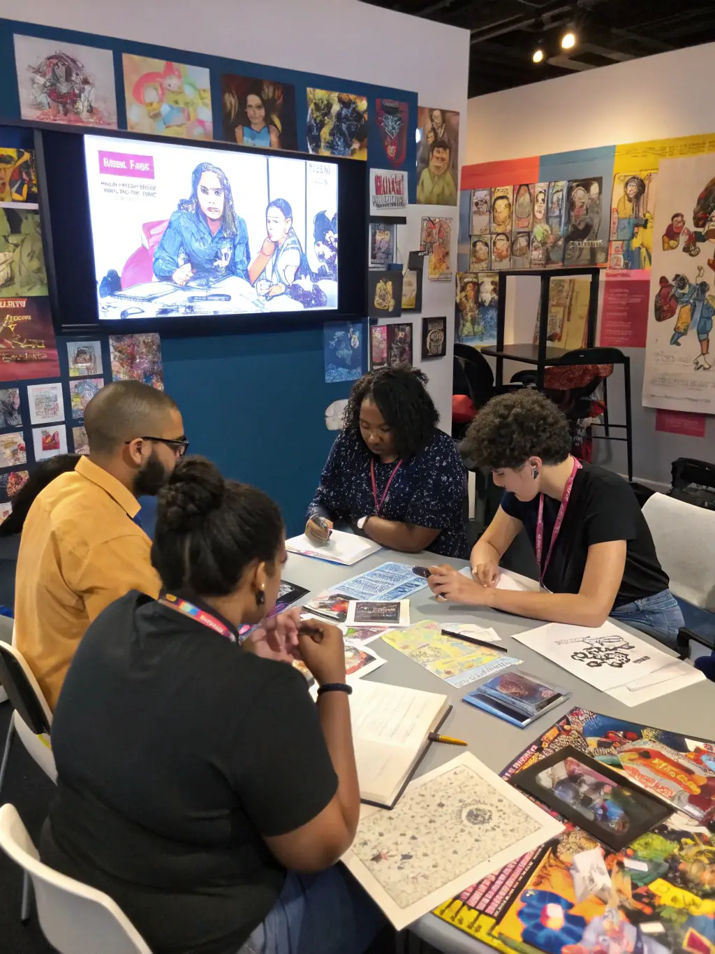 A dynamic shot of a panel discussion at AstiComics, featuring comic book artists and writers engaging with the audience, with a focus on the speakers and the attentive crowd.