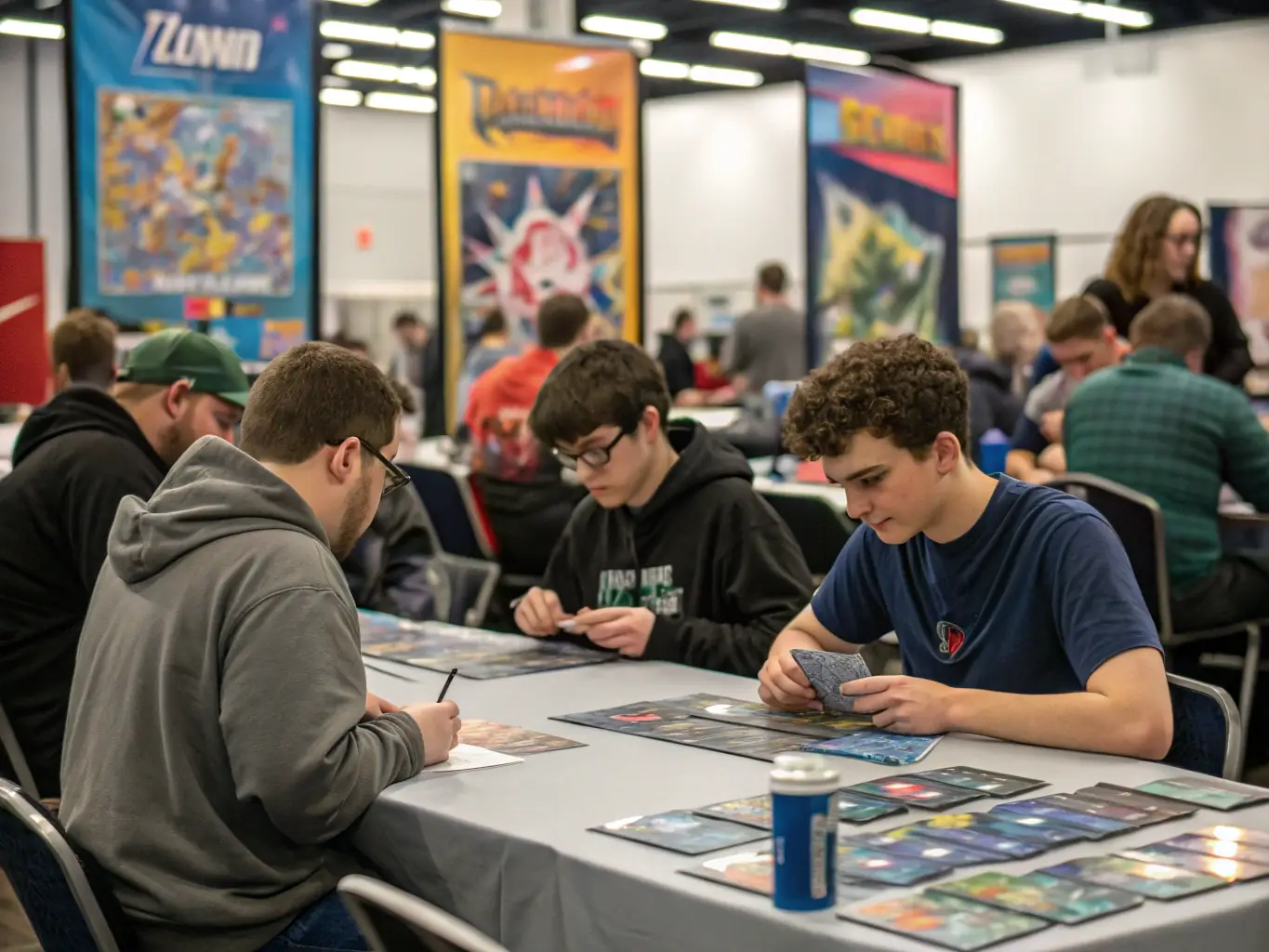 Immagine di un gruppo di persone che giocano a un torneo di carte collezionabili o videogiochi durante AstiComics.